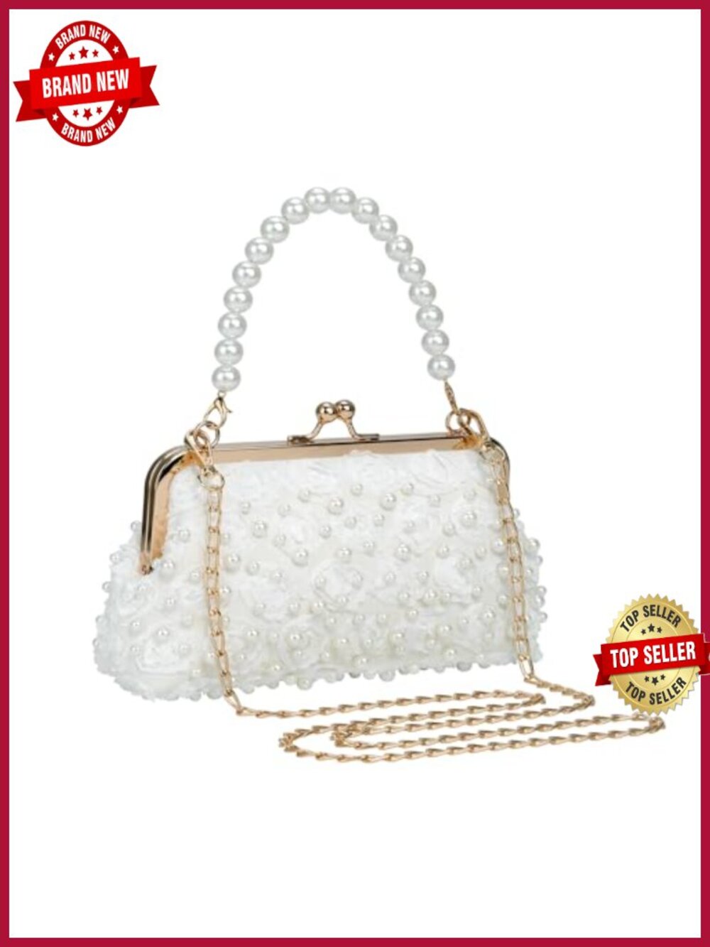 Full Beaded Rhinestone Pearl Clutch Evening Handbag with Chain Strap